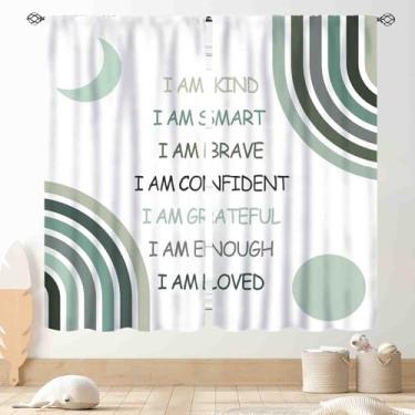 Imagem de Cortinas arco-íris para quarto de meninas, citação Boho Rianbow inspiradora motivacional positiva colorida verde pastel cortina de janela para bebês, crianças, sala de estar, berçário, sala de aula