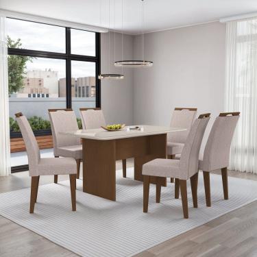 Imagem de Mesa Cairo 160x78cm Tampo Mdf e Vidro com 6 Cadeiras Evora Freijó/Bege/Off White