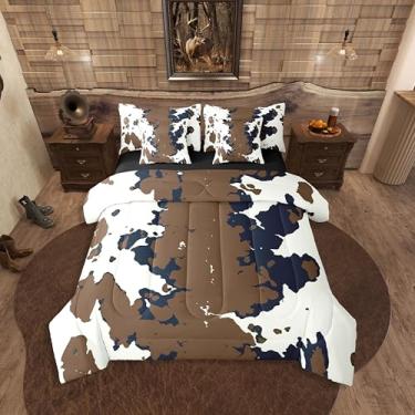 Imagem de Erosebridal Conjunto de cama de 7 peças de couro bovino, estampa de vaca solteiro, com lençóis, fazenda ocidental, pele rústica, highland skin em uma bolsa, bege e azul