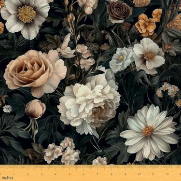Imagem de Erosebridal Tecido floral da The Yard Vintage Daisy Peony Flowers Tecido de estofamento Boho Floral Escuro Tecidos Decorativos Flores Chiques Arte DIY, 1 jarda
