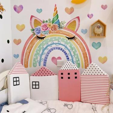 Imagem de ZARROUEA Decalques de parede de animais de safári arco-íris, arco-íris aquarela com unicórnio, adesivos de parede para berçário, decoração de arte pastel colorida, quarto de bebê, quarto de meninas