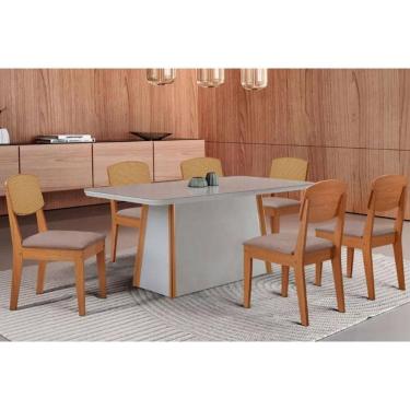 Imagem de Conjunto Sala de Jantar Tilia c/ Tampo Madeirado c/ Vidro Canto Curvo 180x90cm e 6 Cadeiras Havana Premium Naturale/Off White - Linho Capuccino-Rufato