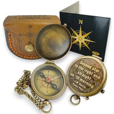 Imagem de MAH Second Star to The Right J. M. Barrie, bússola de latão gravado Peter Pan com capa de couro. C-3279