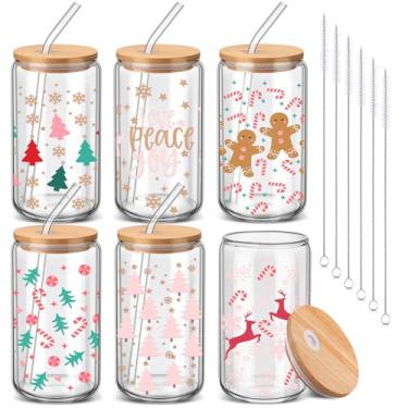 Imagem de SiliFine 6 peças de copos de Natal de 473 ml copos de vidro de Natal com tampa de bambu e canudo de vidro em forma de lata copo de cerveja presentes de agradecimento de Natal para mulheres
