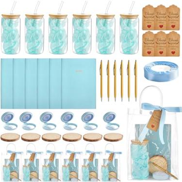 Imagem de 6 conjuntos de prêmios de chá de bebê para vencedores de jogos, lembrancinhas de chá de bebê, incluindo copos de vidro, escovas de cabelo, cadernos, canetas de metal, porta-copos de madeira, cartões