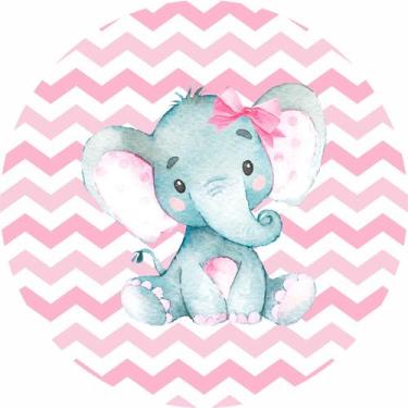 Imagem de Painel de Lona Redondo Elefantinho Aquarela Chevron Laço Rosa Menina -