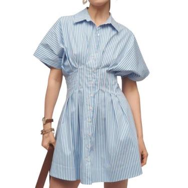 Imagem de Camiseta feminina Dewpaur com botões na frente, plissada, listrada - D