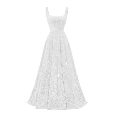 Imagem de Vestido de formatura Miao Duo White Sequin A Line, gola quadrada, plus