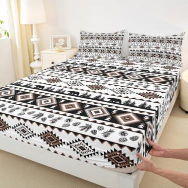 Imagem de Jogo de cama solteiro com estampa asteca ocidental, geométrico, marrom, listrado, para quarto de adolescentes, lençol de microfibra com urso, exótico, boêmio, arte abstrata (1 lençol com elástico + 1