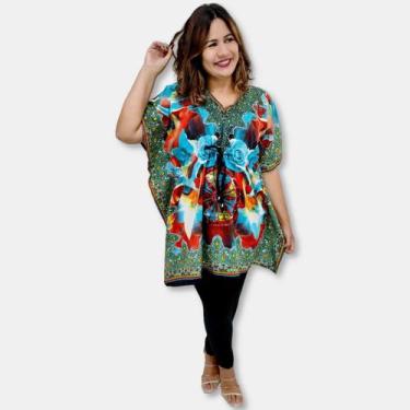 Imagem de Bata Kaftan Indiana Saída de Praia Estampa Rosas e Mandalas - Sarat Mo