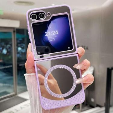 Imagem de Capa magnética de carregamento sem fio para Samsung Galaxy Z Flip 6 5 4 3, espelho de maquiagem, diamantes brilhantes, capa rígida à prova de choque, roxa, para Samsung Galaxy Z Flip6