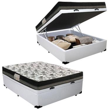 Imagem de Cama Baú Casal Sintético + Colchão Casal Ortobom Iso Dupla Face 60x138x188 Cor:branco