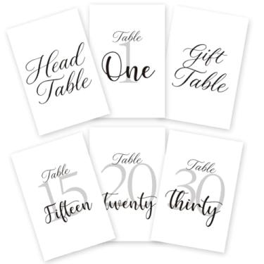 Imagem de GOMAKERER 32 peças de cartões de números de mesa de casamento, 1 a 30 números minimalistas, placas de números de mesa de casamento dupla face, com cabeça e cartão de presente de mesa de centro de mesa