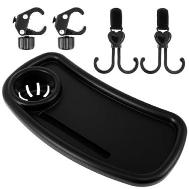 Imagem de HSHGZSR Bandeja de lanche para carrinho de bebê universal removível com suporte de copo suporte de armazenamento reutilizável com fivela ajustável e ganchos para carrinhos de bebê (prato + gancho,