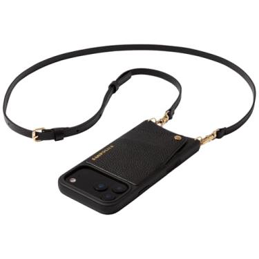 Imagem de BANDOLIER Capa de telefone carteira transversal Emma para iPhone 17 Pro. 100% couro de seixo genuíno. Alça transversal ajustável e removível. Suporte para cartão com fecho de pressão. Preto com