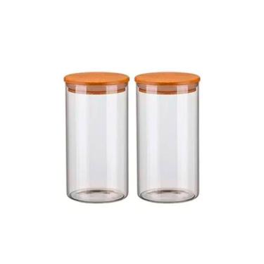 Imagem de Conjunto 2 Potes de Vidro Hermético 1300ml Com Tampa de Madeira Bambu 