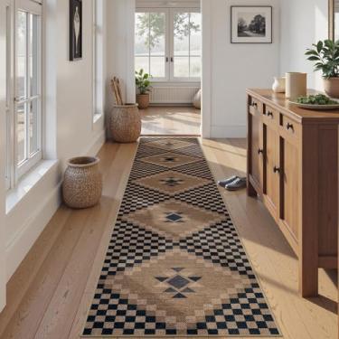 Imagem de LIVEBOX Tapete xadrez de juta antiderrapante para corredores 6 x 30 cm, tapete de corredor lavável ultrafino para cozinha, tapete preto e bege para entrada e lavanderia