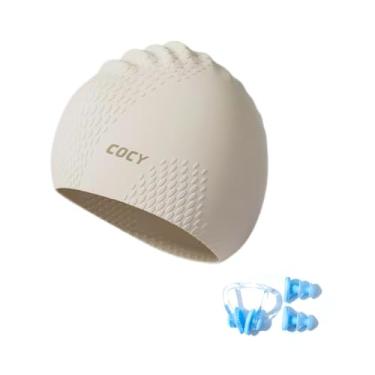 Imagem de Touca de natação grande durável de silicone impermeável melhor para cabelos longos e tranças grossas, touca de natação feminina de cabelo longo mantém o cabelo seco touca de natação com tampões de