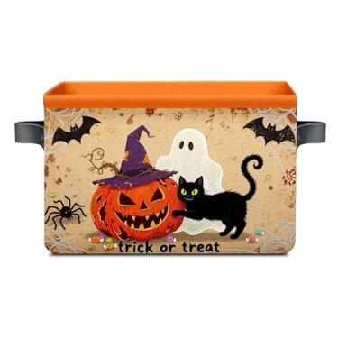 Imagem de AHENGPAIG Cestas de Halloween, cestas assustadoras de abóbora, fantasma, gato, doces ou travessuras, caixas de armazenamento dobráveis vazias com alças 35 x 25 x 20 cm