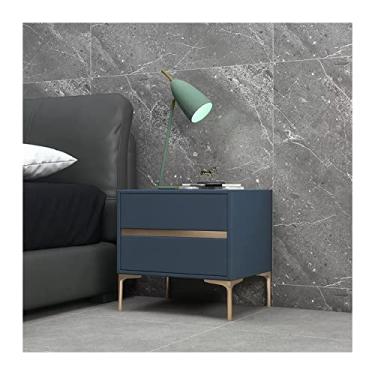 Imagem de Mesa de cabeceira de madeira, mesa de cabeceira de couro sintético azul moderno com 2 gavetas de armazenamento, mesa lateral pequena para sala de estar, mesa de canto de quarto (tamanho: C 40 x P 40 x
