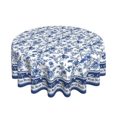 Imagem de Toalha de mesa floral azul redonda 152 cm, vintage, azul e branco, tecido de poliéster, flores estilo boêmio, capa de mesa para casa, festa, jantar, piquenique, decoração ao ar livre