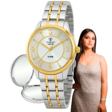Imagem de Relógio de Pulso Tuguir Feminino Infinity Analógico Aço Inóx Casual Redondo Prata e Dourado TGI37050 + Espelho de Bolsa