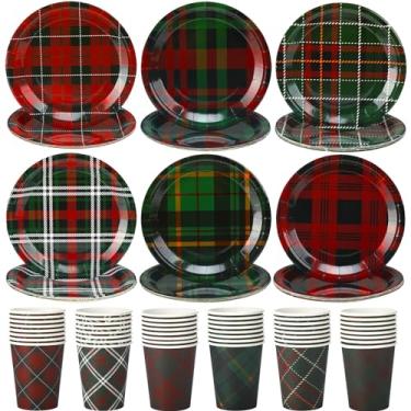 Imagem de Mifoci 96 peças de artigos de festa xadrez de búfalo de Natal, conjunto de utensílios de mesa, pratos de papel xadrez de Natal e copos de papel xadrez, decorações de festa de Natal, utensílios de jantar descartáveis para 48 convidados