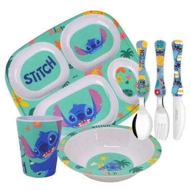 Imagem de Kit Refeição Infantil Melamina Stitch Disney Pratos, Tigela, Copo E Talheres- Tuut
