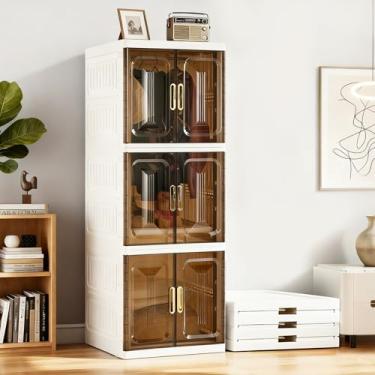 Imagem de Armário portátil de 3 camadas para animais de estimação, grande armário dobrável de plástico para animais de estimação, armário dobrável branco com rodas, painéis e divisórias (3 camadas)