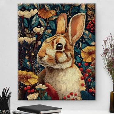 Imagem de Arte de parede botânica de coelho vintage emoldurado - Decoração de parede com flores escuras Academia para quarto, sala de estar, casa, 20,3 x 25,4 cm