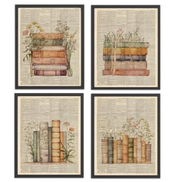 Imagem de Conjunto de 4 pôsteres de decoração de arte de parede de livros vintage, decoração de biblioteca, decoração de clube de livros, estética para biblioteca, sala de leitura, sala de aula, 20 x 25 cm, sem