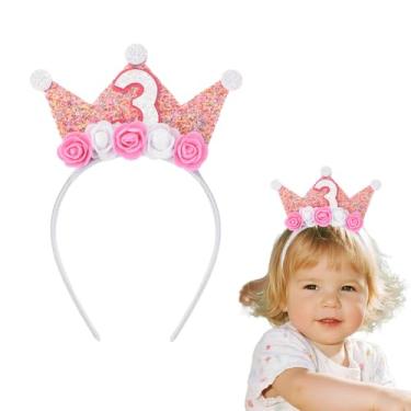 Imagem de Tiara de coroa de aniversário para mulheres, decorações de terceiro aniversário para mulheres de 3 anos de idade, faixas de cabeça de flores doces para filha, neta, coroas de princesa com glitter para