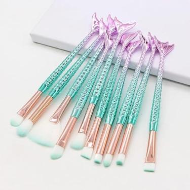 Imagem de Conjunto de pincéis de maquiagem sereia, 10 peças de pincéis de maquiagem para olhos, corretivo de sombra, delineador de sobrancelhas, ferramenta de pincel para misturar sobrancelhas