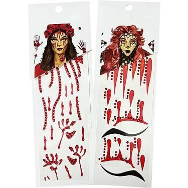Imagem de Tatuagens falsas de rosto sangramento com strass - joias temporárias de cristal de cicatriz para Halloween adesivos de diamantes autoadesivos para o rosto de Halloween, 2 unidades