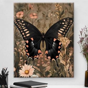 Imagem de Arte de parede em tela de borboleta preta botânica floral borboleta estética pôster pintura emoldurada Dark Academia decorações de parede para decoração de casa de fazenda 20 x 25 cm