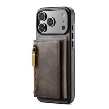 Imagem de POYUFRG Capa magnética para iPhone 17 Pro Max/17 Pro/17 Air/17, carteira destacável com zíper e porta-cartões com vista do logotipo, marrom, 17