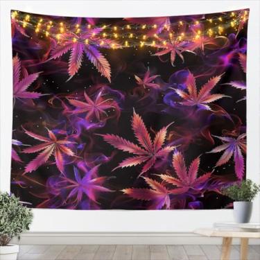 Imagem de Tapeçaria de folhas de cannabis sala de estar quarto rosa folha de maconha erva daninha psicodélica tapeçaria de parede arte néon roxo neblina fumaça trippy tapeçarias para decoração de casa 59,1 x