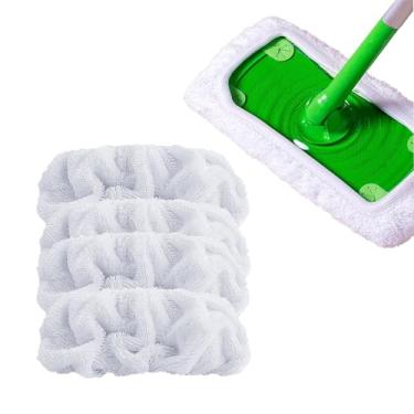 Imagem de Pacote com 4 almofadas de esfregão brancas reutilizáveis, capa de esfregão plana úmida e seca, refis de limpeza de piso para uso úmido e seco, almofadas laváveis para limpeza doméstica
