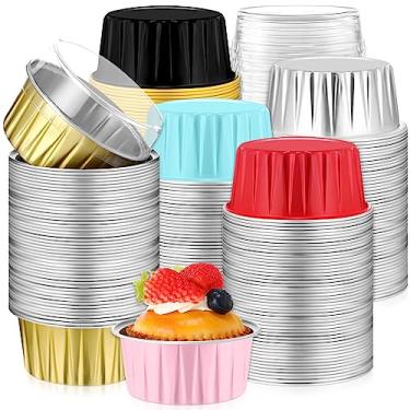 Imagem de Dandat Pacote com 300 copos de folha de alumínio com tampa, forma de bolo para assar 142 g, forros de cupcake de ramekin, copos de sobremesa, mini forro de muffin, recipientes de bolo, formas de pudim