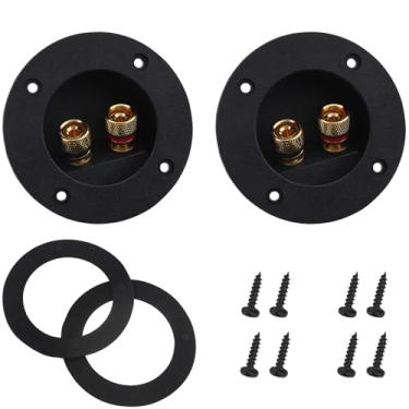 Imagem de KKUANG 2 conjuntos de terminais redondos pretos de 2,95 polegadas, caixa de alto-falante, equipamento eletrônico, conector de terminal, plugue de subwoofer com arruelas e parafusos
