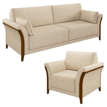 Imagem de Kit Sofá Living 3 Lugares E Poltrona 102cm Pés Madeira Roya M22 Linho Champanhe - Mpozenato