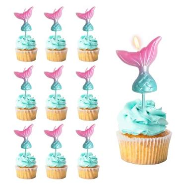 Imagem de 9 peças de vela gradiente cauda de sereia, velas de aniversário, enfeite de bolo de sereia para festas de aniversário, decorações de casamento, velas de festa, celebrações (rosa e azul)