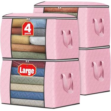 Imagem de Fab totes Armazenamento de roupas 90L, sacos de armazenamento dobráveis de tecido grosso, recipientes para organizar quarto, armário, roupas, edredom, organização com alça (pacote com 4, rosa)