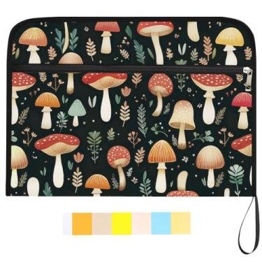 Imagem de WEBEEDY Linda pasta de arquivo expansível de folhas de cogumelo com 13 bolsos, organizador de documentos com 12 etiquetas coloridas e zíper, pasta de arquivo expansível portátil para recibo de carta