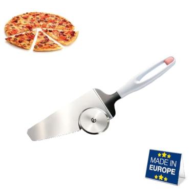 Imagem de Cortador de pizza e espátula | Cortador de roda de aço inoxidável com servidor de ponta | Alça curta antiderrapante | Ferramenta de cozinha de função dupla fácil de usar para bolos, tortas e doces, 27