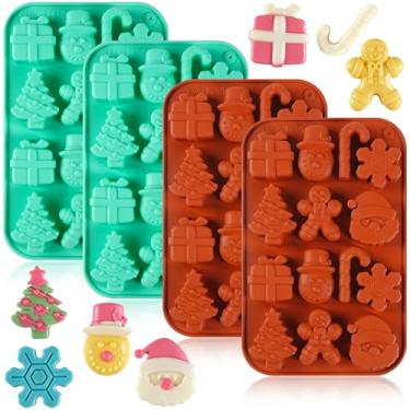 Imagem de 4 peças de moldes de chocolate de Natal, moldes de silicone de 14 cavidades para pastelaria de flocos de neve, boneco de neve, Papai Noel, árvores de Natal, homem de gengibre, forma de caixa de