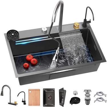 Imagem de Pia De Cozinha Inteligente Com Display De Temperatura Pia De Estação De Trabalho De Aço Inoxidável Com Lavadora De Copos Tigela única Nano-revestida Com Cascatas Duplas, Black-gray-2, 80 cm