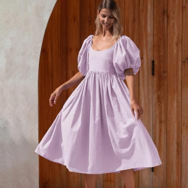 Imagem de Vestidos Para Mulheres, Casual Decote Quadrado Moda Feminina Sexy Sem Costas Vestido De Manga Curta Manga Lanterna Vestido Francês Solto Confortável Roupas De Verão Para Mulhe, Black, L