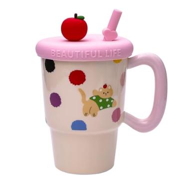 Imagem de Dalekana Caneca de cerâmica para café, chá e água, copo de porcelana criativo com alça e tampa para casa e escritório, 400 ml caneca de gato, 12,4 cm A, amarelo