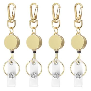 Imagem de 4 peças de cordão retrátil para crachá com chaveiro, carretel de aço inoxidável, clipes de crachá de identificação para funcionários de escritório (ouro)